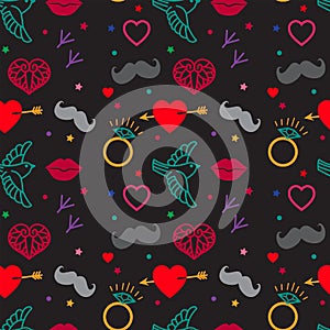 Gloomy Patterns. Hipster Vintage Seamless Pattern Vector On A Black Background. Heart, Lips, Mustache, Jewels, Bird.