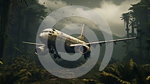 Gloomy Plane Flying Through Jungle With Textural Paint Effects