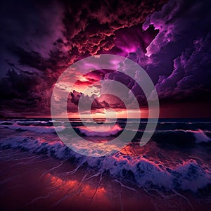 gloomy purple sunset on the beach