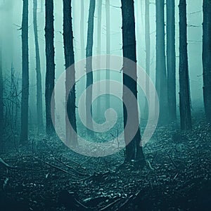 Gloomy, spooky, foggy dark forest landscape. Surreal mysterious horror forest background