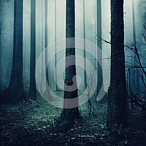 Gloomy, spooky, foggy dark forest landscape. Surreal mysterious horror forest background