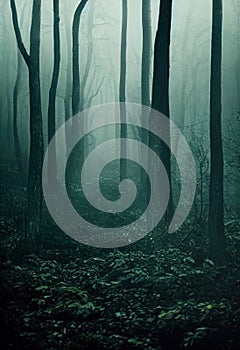 Gloomy, spooky, foggy dark forest landscape. Surreal mysterious horror forest background