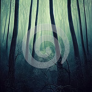 Gloomy, spooky, foggy dark forest landscape. Surreal mysterious horror forest background