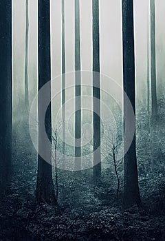 Gloomy, spooky, foggy dark forest landscape. Surreal mysterious horror forest background