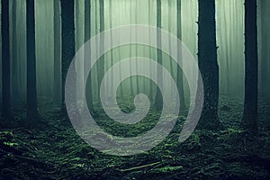 Gloomy, spooky, foggy dark forest landscape. Surreal mysterious horror forest background