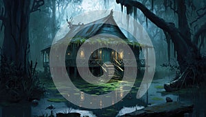 A gloomy witch's house in a swamp in the forest
