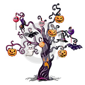 Gloomy wood with a shining face adorned with attributes of the holiday of evil spirit Halloween. Sketch for greeting