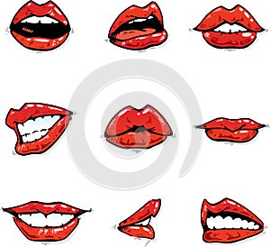Gloosy red lips collection in various expressions