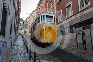 The Gloria Funicular Elevador da Gloria in the city of Lisbon, Portugal. Gloria Funicular connects the Pombaline downtown with B