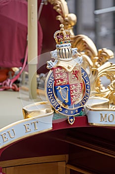 Gloriana Queen's Bow Barge. Royal Coat of Arms.