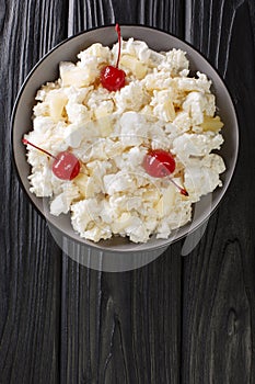 Glorified rice is a dessert salad popular in the Midwestern cuisine served in Minnesota and other states close-up in a plate.