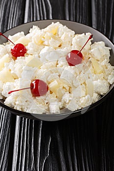 Glorified rice is a dessert salad popular in the Midwestern cuisine served in Minnesota and other states close-up in a plate.