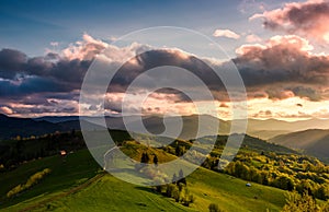 Glorious cloudy sunset over rural area