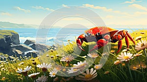 Glorious Crab: A Vibrant Illustration Of A Crab Grazing In A Field