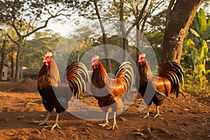 Glorious display of majestic roosters enjoying a picturesque stroll in the countryside