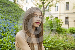 Glorious female face. Young blonde woman on white background