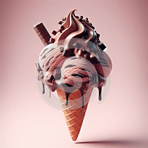Glorious ice cream in cone, covered in syrup and a chocolate flake, against pink background