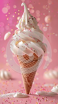 Glorious ice cream in cone, covered in syrup and a chocolate flake, against pink background