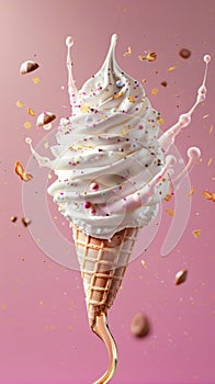 Glorious ice cream in cone, covered in syrup and a chocolate flake, against pink background