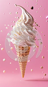 Glorious ice cream in cone, covered in syrup and a chocolate flake, against pink background