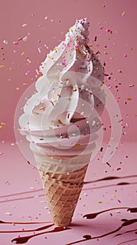 Glorious ice cream in cone, covered in syrup and a chocolate flake, against pink background