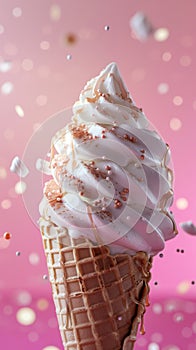 Glorious ice cream in cone, covered in syrup and a chocolate flake, against pink background