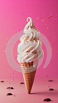 Glorious ice cream in cone, covered in syrup and a chocolate flake, against pink background