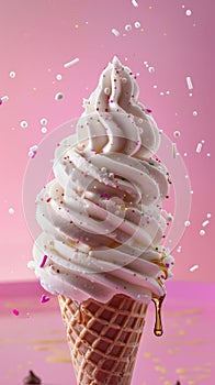 Glorious ice cream in cone, covered in syrup and a chocolate flake, against pink background