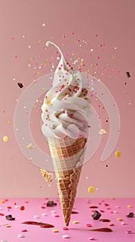 Glorious ice cream in cone, covered in syrup and a chocolate flake, against pink background