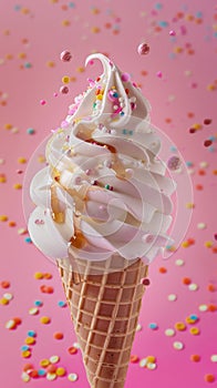 Glorious ice cream in cone, covered in syrup and a chocolate flake, against pink background