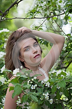 Glorious spring woman enjoying nature outdoor, fashion beauty portrait