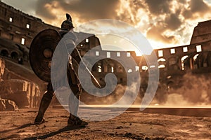 Glorious Sunset Over Ancient Roman Colosseum With a Stoic Gladiator in Battle Stance