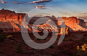 Glorious sunset on the rock formations of Capitol Reef National Park in Utah