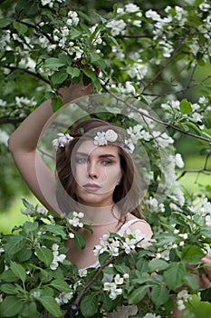 Glorious young adult woman female model with clean fresh skin, make-up and brown hair in blossom garden on green leaves background