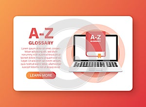 Glossary book with laptop icon in flat style. Guidebook encyclopedia vector illustration on isolated background. A-Z computer sign