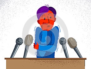 Glossophobia fear of public speech vector illustration, boy surrounded by microphones scared in panic attack, psychology mental
