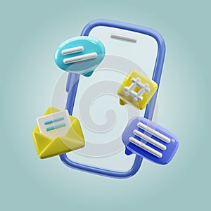 Glossy 3D social communication vector. Phone, email and speak bubbles. Communication, correspondence on a mobile phone