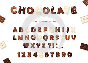 Glossy ABC letters and numbers, made of different kinds of chocolate - dark, milk and white. Sweet font design.