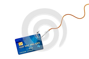 Glossy bank credit card on glossy silver metal fishing hook on a rope on white