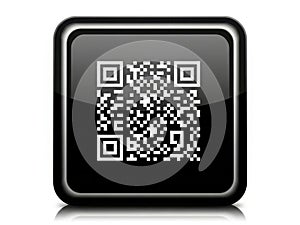 A glossy black button with a centered qr code on a white background
