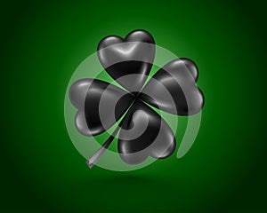Glossy black clover leaf, dark vector illustration for St. Patrick day. Isolated four-leaf on green background