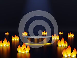 A glossy black cylindrical podium surrounded by low polygon bonfires 3d render photo