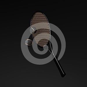 Glossy black and gold tennis racket and balls on a black background. 3D render