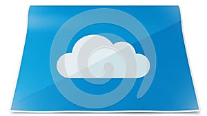 A glossy blue background features a simple white cloud icon in the