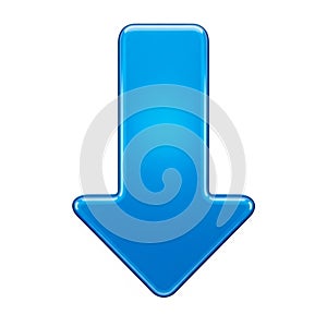 Glossy Blue Downward Pointing Arrow Icon on White Background direction pointer