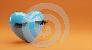 Glossy Blue Heart with Eyelashes on Orange Gradient â Emotion, Beauty, and Affection Concept