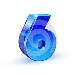Glossy blue Six 6 number. 3d Illustration on white background.