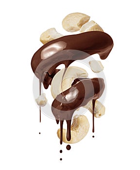 Glossy brown spiral made of melted chocolate with cashew isolated on white background