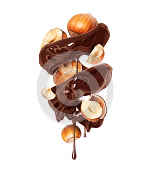 Glossy brown spiral made of melted chocolate with hazelnuts isolated on white background