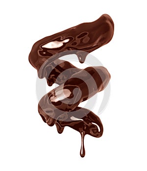 Glossy brown spiral made of melted chocolate isolated on white background